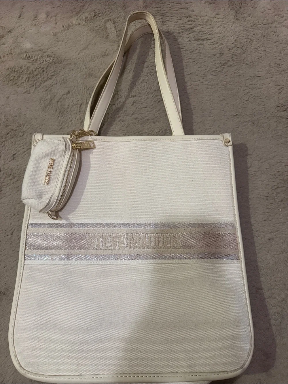 Steve Madden Cream and Metallic Stripe Tote with Coin Pouch